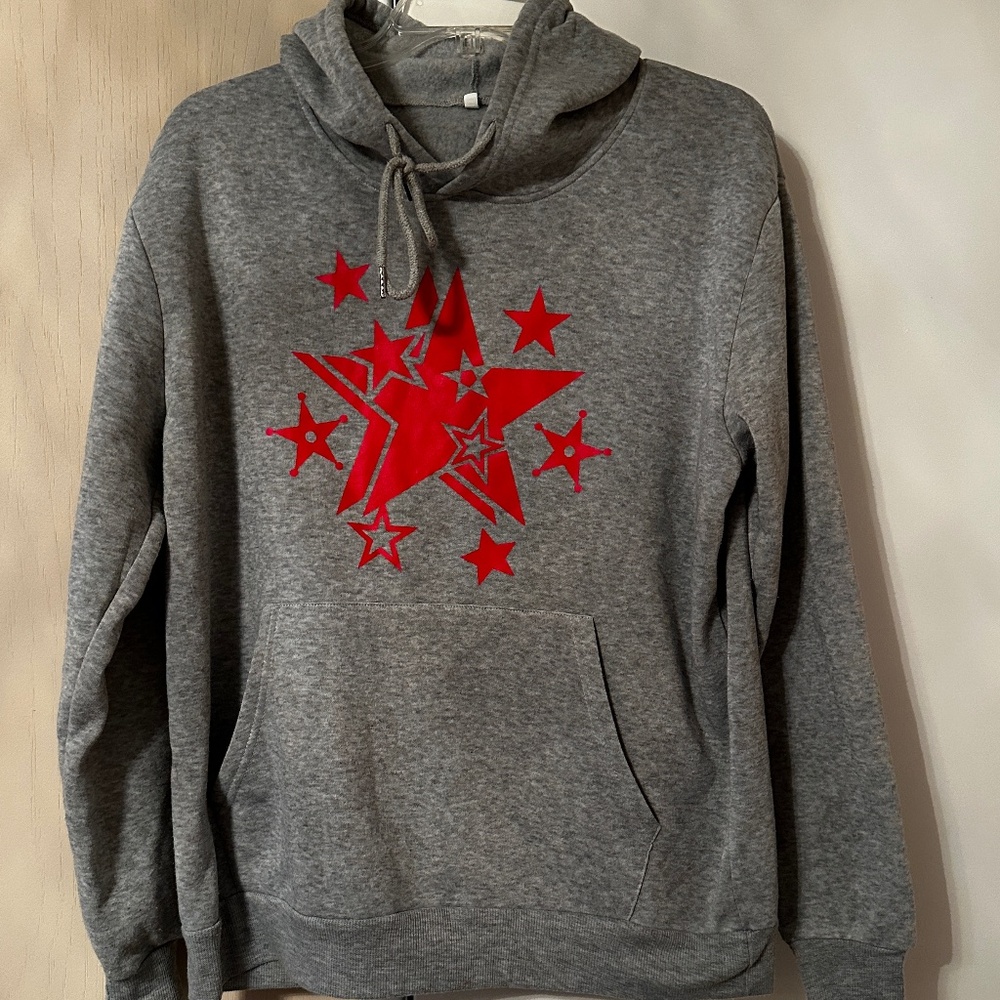 XS-Small Gray Hoodie Sweatshirt w Red Stars Soft Lining